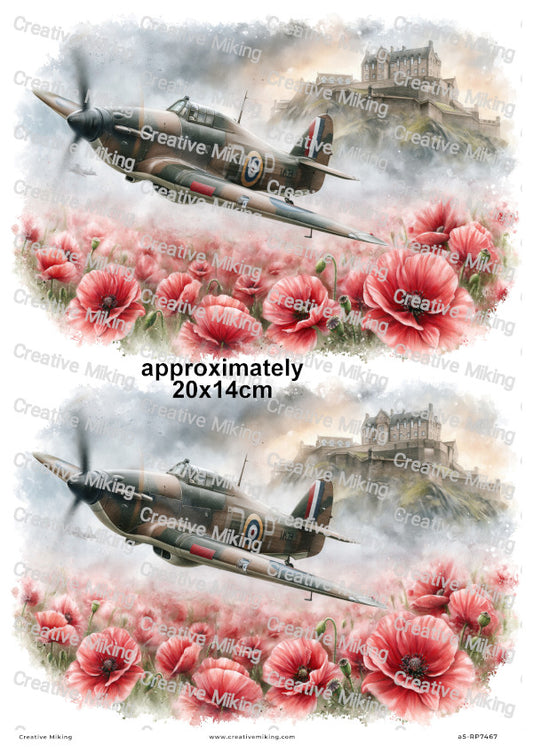 Hawker Hurricane Aircraft With Poppies Remembrance Decoupage Rice Paper | RP7467