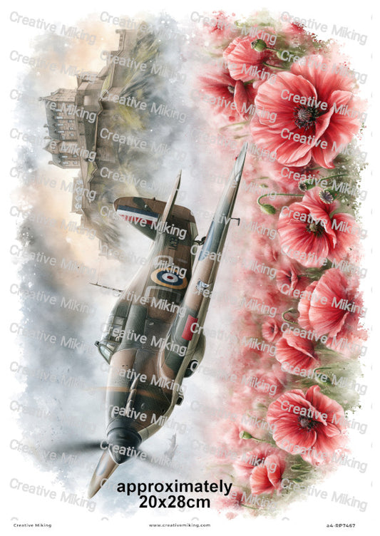 Hawker Hurricane Aircraft With Poppies Remembrance Decoupage Rice Paper | RP7467