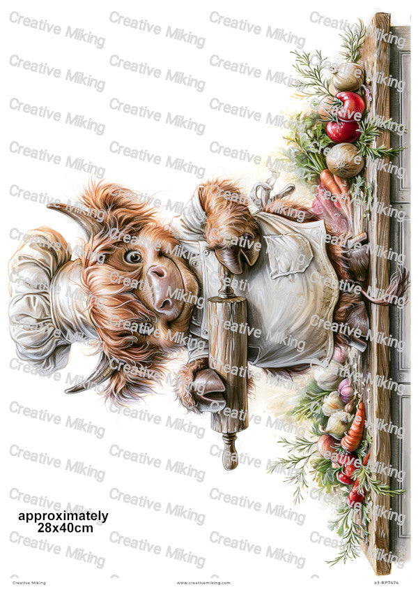Highland Cow Chef With Vegetables Funny Decoupage Rice Paper | RP7474