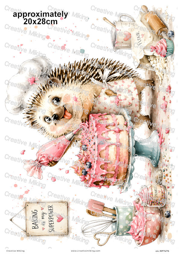 Hedgehog Baking Cake Funny Decoupage Rice Paper | RP7476
