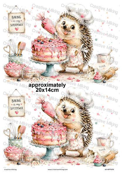 Hedgehog Baking Cake Funny Decoupage Rice Paper | RP7476