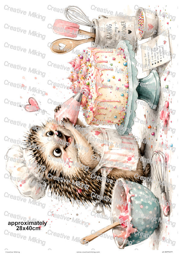 Hedgehog Baking Cake Funny Decoupage Rice Paper | RP7477