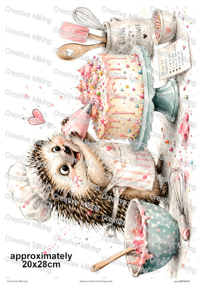 Hedgehog Baking Cake Funny Decoupage Rice Paper | RP7477