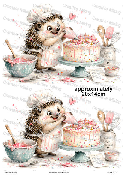 Hedgehog Baking Cake Funny Decoupage Rice Paper | RP7477
