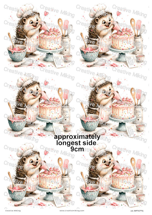Hedgehog Baking Cake Funny Decoupage Rice Paper | RP7477b