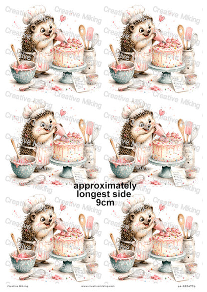 Hedgehog Baking Cake Funny Decoupage Rice Paper | RP7477b