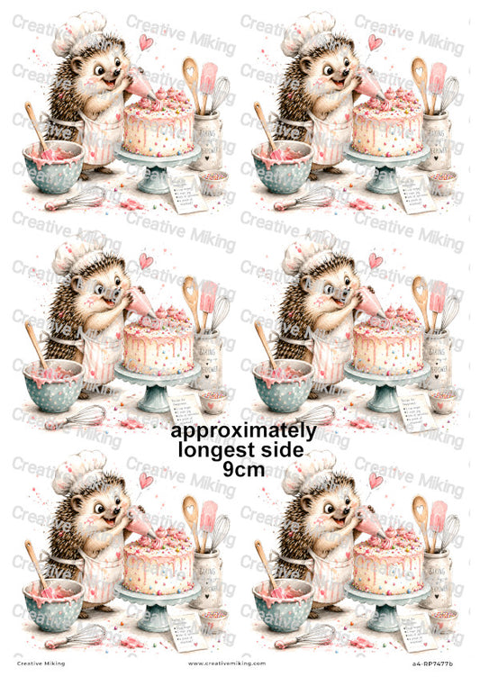 Hedgehog Baking Cake Funny Decoupage Rice Paper | RP7477b
