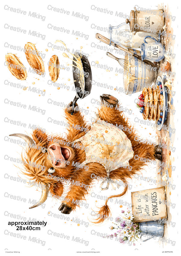 Highland Cow Making Pancakes Funny Decoupage Rice Paper | RP7478