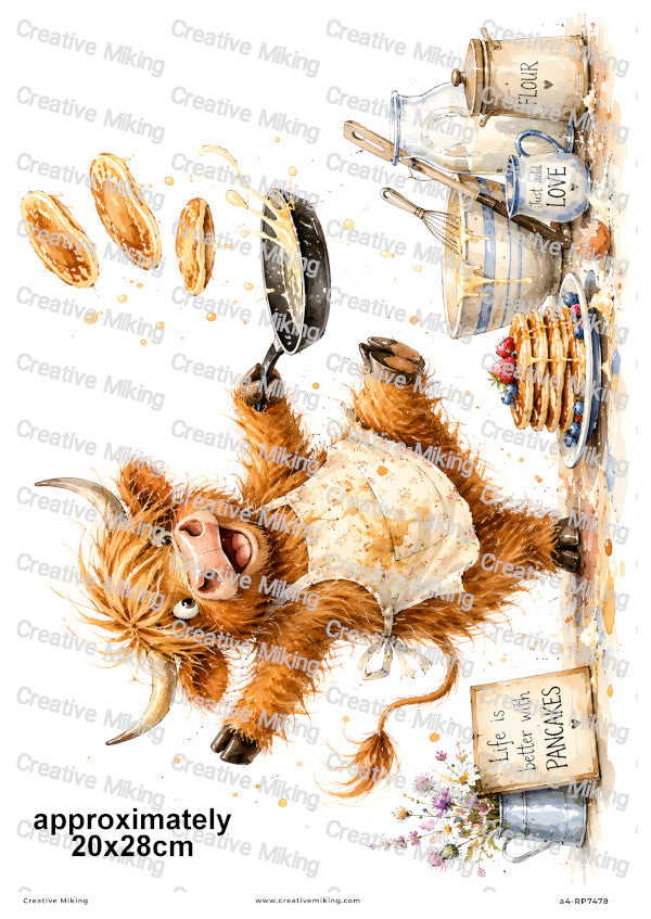 Highland Cow Making Pancakes Funny Decoupage Rice Paper | RP7478