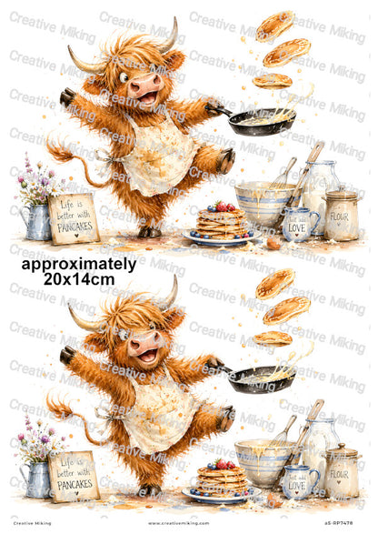 Highland Cow Making Pancakes Funny Decoupage Rice Paper | RP7478