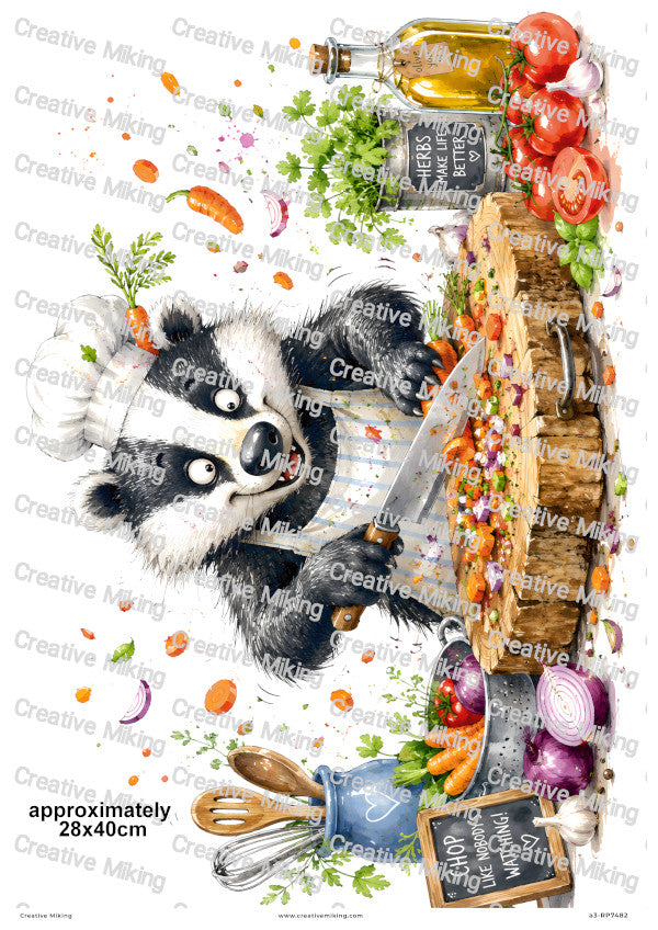Badger Chopping Vegetables Funny Decoupage Rice Paper | RP7482