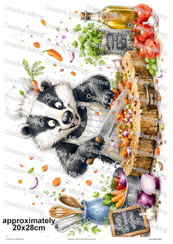 Badger Chopping Vegetables Funny Decoupage Rice Paper | RP7482
