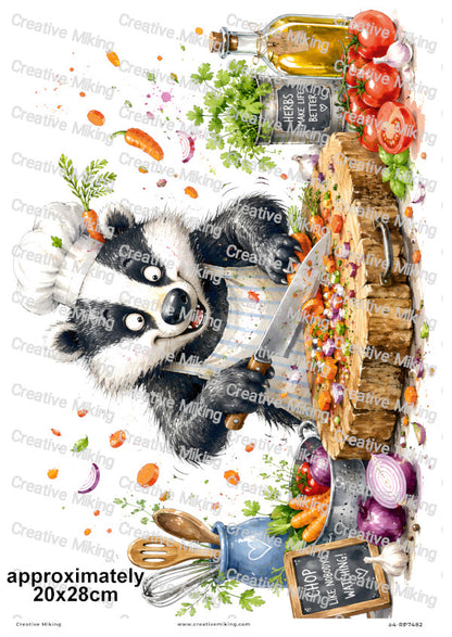 Badger Chopping Vegetables Funny Decoupage Rice Paper | RP7482