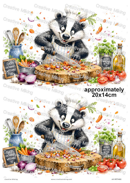 Badger Chopping Vegetables Funny Decoupage Rice Paper | RP7482