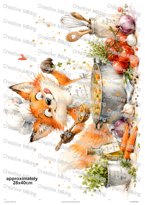 Fox Cooking Vegetable Soup Funny Decoupage Rice Paper | RP7483