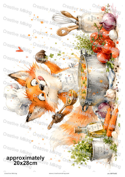 Fox Cooking Vegetable Soup Funny Decoupage Rice Paper | RP7483