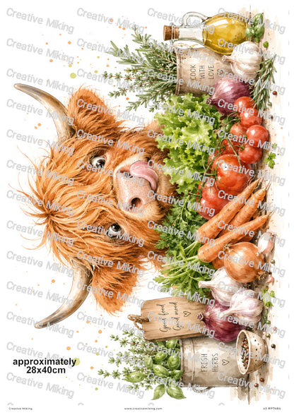Highland Cow With Fresh Herbs And Vegetables Funny Decoupage Rice Paper | RP7484