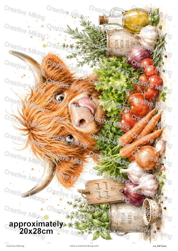 Highland Cow With Fresh Herbs And Vegetables Funny Decoupage Rice Paper | RP7484