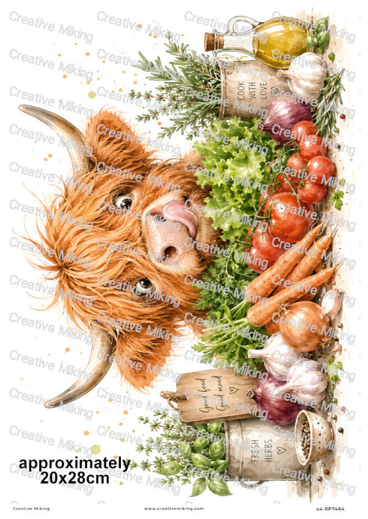Highland Cow With Fresh Herbs And Vegetables Funny Decoupage Rice Paper | RP7484