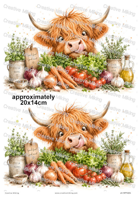 Highland Cow With Fresh Herbs And Vegetables Funny Decoupage Rice Paper | RP7484