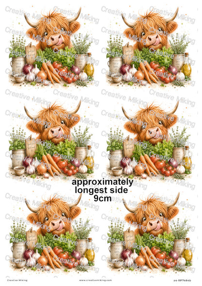 Highland Cow With Fresh Herbs And Vegetables Funny Decoupage Rice Paper | RP7484b