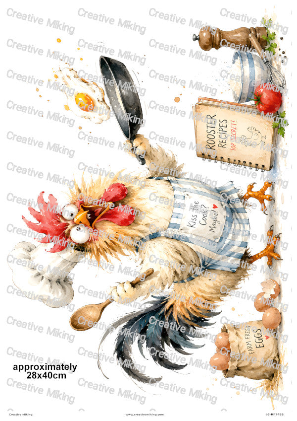 Rooster Cooking Funny Decoupage Rice Paper | RP7488