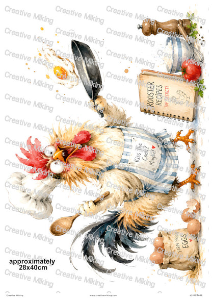 Rooster Cooking Funny Decoupage Rice Paper | RP7488