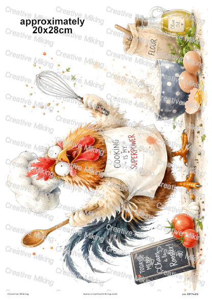 Rooster Baking Funny Decoupage Rice Paper | RP7489