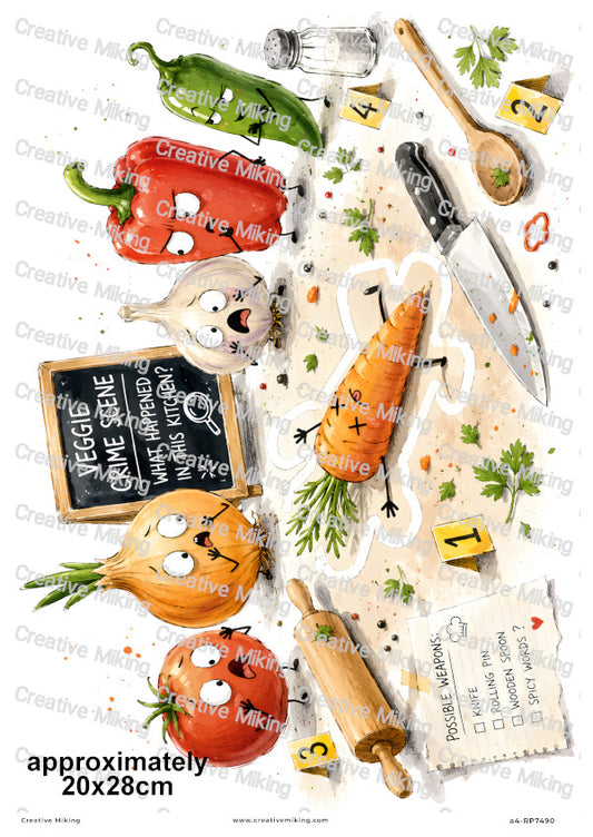 Vegetable Crime Scene Funny Decoupage Rice Paper | RP7490