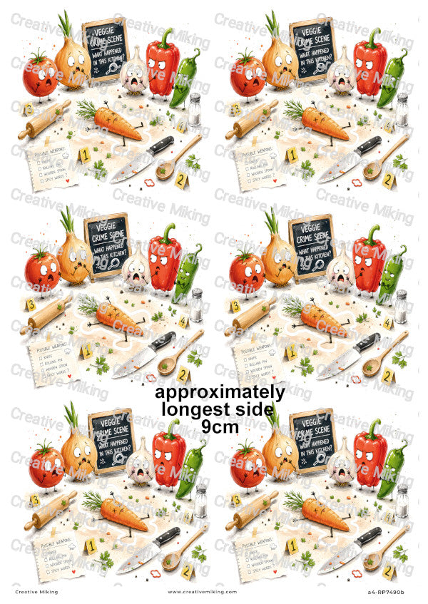 Vegetable Crime Scene Funny Decoupage Rice Paper | RP7490b