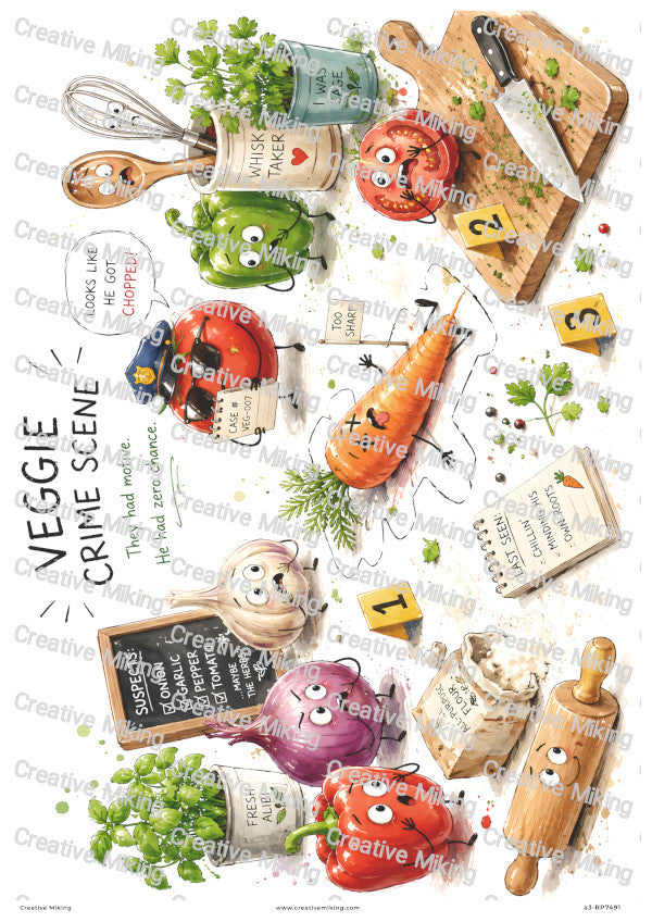 Vegetable Crime Scene Funny Decoupage Rice Paper | RP7491