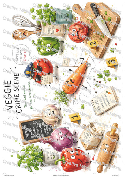 Vegetable Crime Scene Funny Decoupage Rice Paper | RP7491