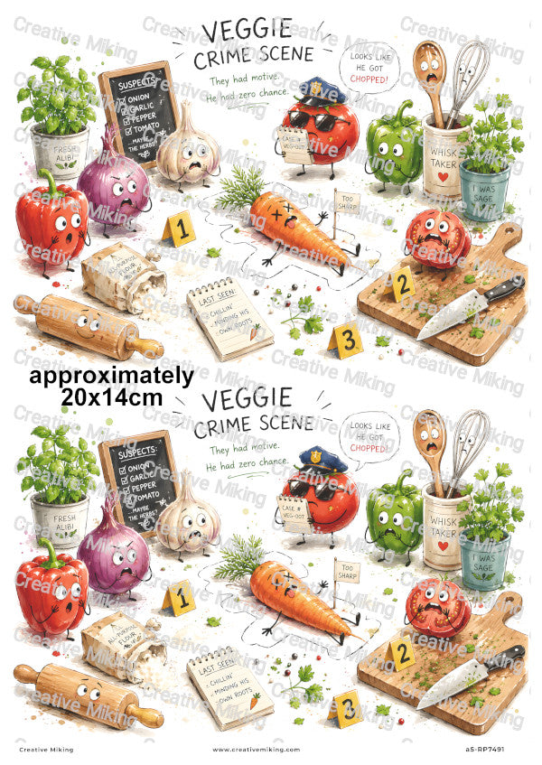 Vegetable Crime Scene Funny Decoupage Rice Paper | RP7491