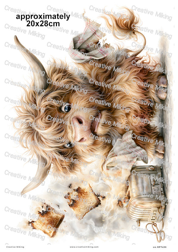 Highland Cow With Burnt Toast Funny Decoupage Rice Paper | RP7496