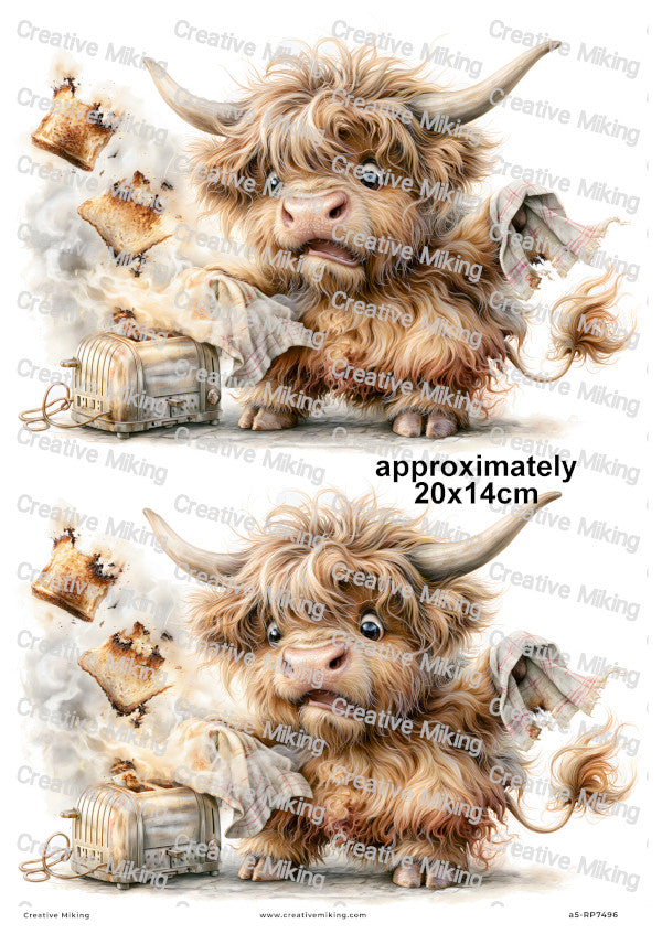 Highland Cow With Burnt Toast Funny Decoupage Rice Paper | RP7496