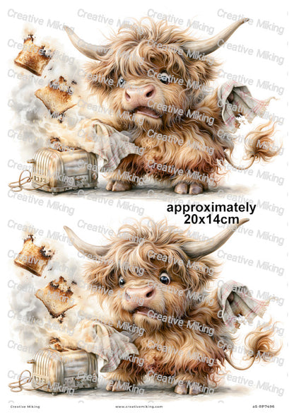 Highland Cow With Burnt Toast Funny Decoupage Rice Paper | RP7496