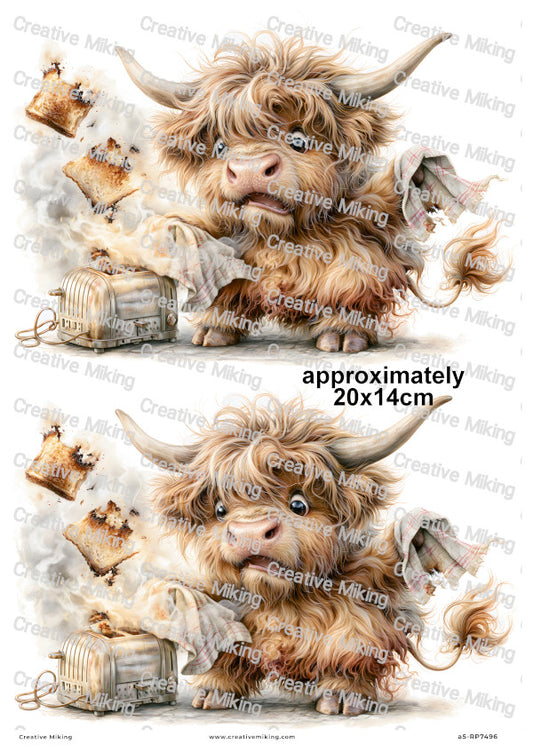 Highland Cow With Burnt Toast Funny Decoupage Rice Paper | RP7496