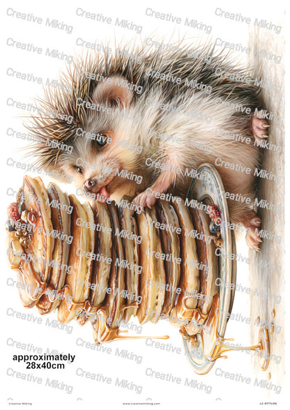 Hedgehog With Pancake Stack Funny Decoupage Rice Paper | RP7498