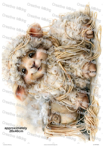 Fluffy Sheep Tangled In Spaghetti Funny Decoupage Rice Paper | RP7501