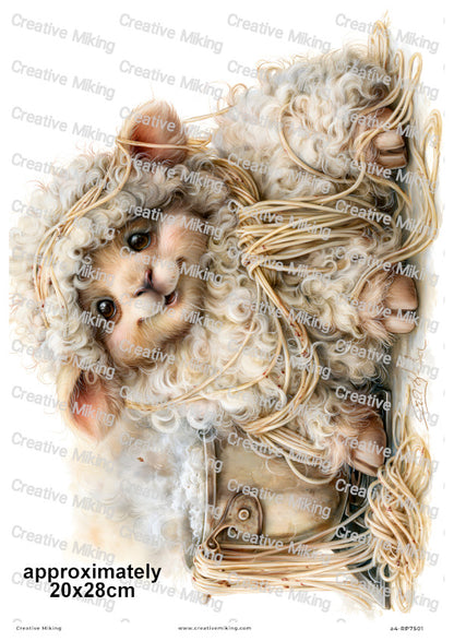 Fluffy Sheep Tangled In Spaghetti Funny Decoupage Rice Paper | RP7501