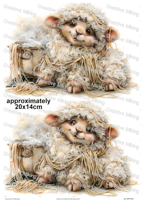Fluffy Sheep Tangled In Spaghetti Funny Decoupage Rice Paper | RP7501