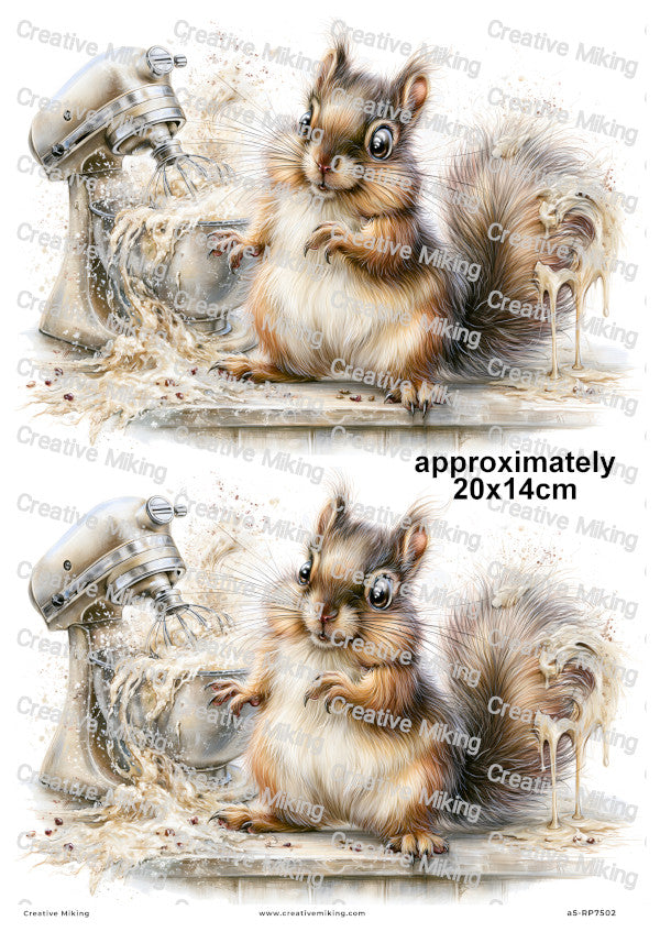 Squirrel Baking Disaster Funny Decoupage Rice Paper | RP7502
