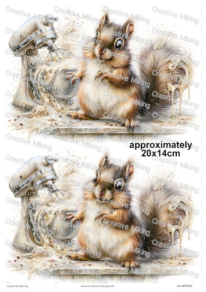 Squirrel Baking Disaster Funny Decoupage Rice Paper | RP7502