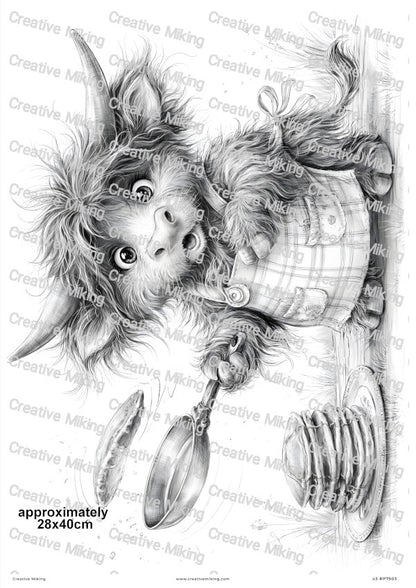 Highland Cow Making Pancakes Decoupage Rice Paper | RP7503