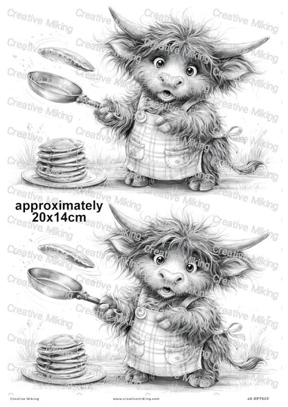 Highland Cow Making Pancakes Decoupage Rice Paper | RP7503