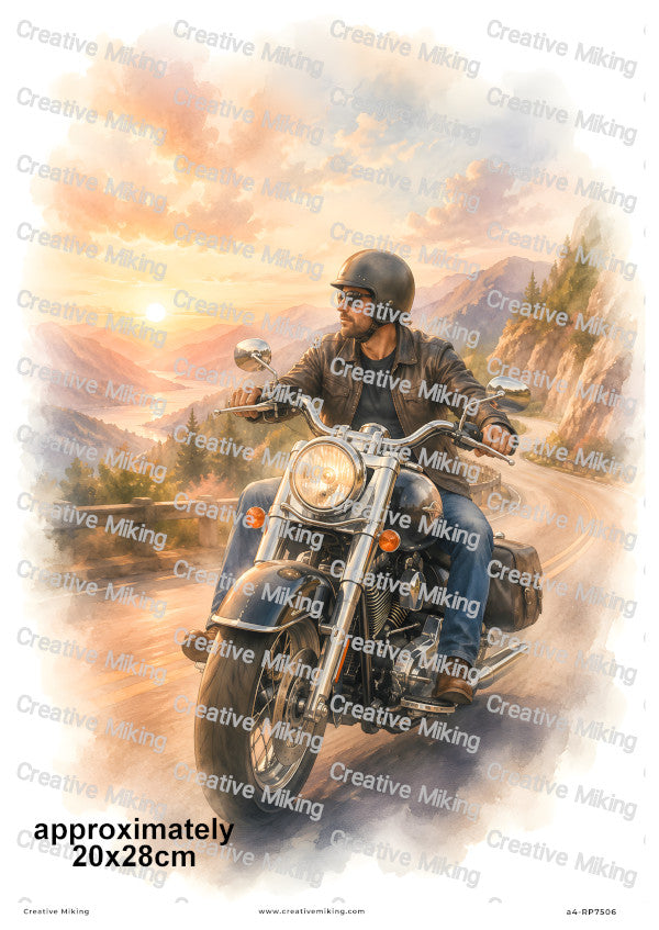 Motorbike Rider In Mountain Sunset Decoupage Rice Paper | RP7506