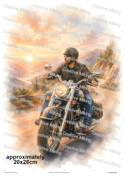 Motorbike Rider In Mountain Sunset Decoupage Rice Paper | RP7506