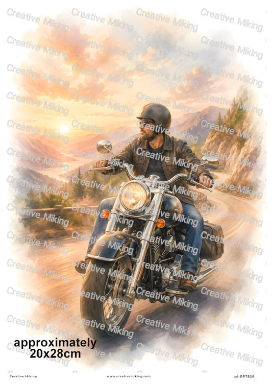 Motorbike Rider In Mountain Sunset Decoupage Rice Paper | RP7506