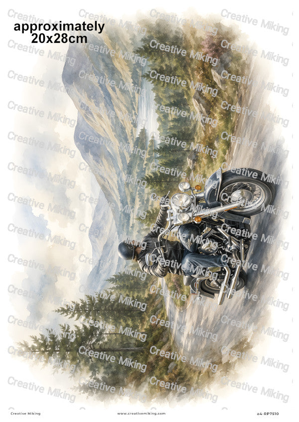 Motorbike Rider In Mountain Landscape Decoupage Rice Paper | RP7510