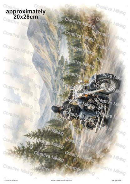 Motorbike Rider In Mountain Landscape Decoupage Rice Paper | RP7510